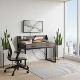 Amos Mann Furniture Aukland Modern Dark Walnut Effect Writing Study Desk With Drawers And Hutch