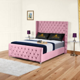 UKBEDFURNITURE Windsor Wingback Pink Plush Valvet Upholstered Bed Frame Only - Slatted Base - 48 Inch Headboard - thumbnail 1