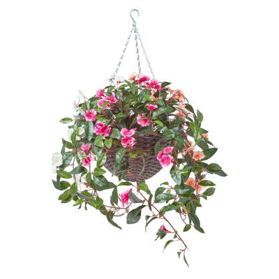 Homescapes Artificial White, Orange & Pink Handcrafted Impatiens Hanging Basket, 85 Cm - image 1
