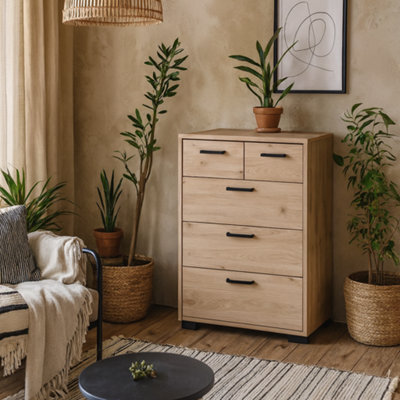 Wyld Haus Stuttgart 5-Drawer Chest - Natural Oak With Black Metal Handles - image 1