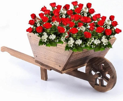Wooden Wheel Barrow Planter Modern Garden Burnt Wood - image 1