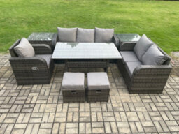 Fimous 8 Seater Garden Rattan Furniture Dining Table Sofa Set Indoor Outdoor With Reclining Chairs 2 Side Tables 2 Small Footstool - thumbnail 1