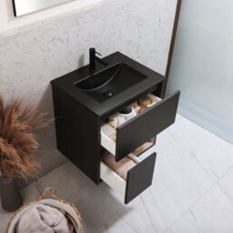 Homestylestore Black Grey 612mm Wall Hung Bathroom Vanity Unit Led Lit Open Shelf And Graphite Basin - thumbnail 2