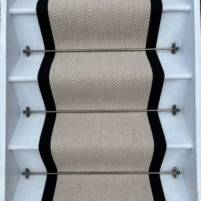 RainbowHome Herringbone Chalk Beige Wool Stair Runner With 100% Black Cotton Border 55 700 - image 1