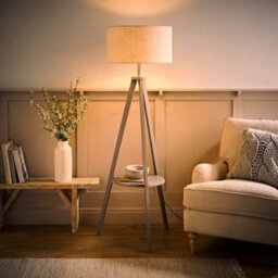 Valuelights Morrigan Linen Fabric Drum Lamp Shade Grey Wood Tripod Floor Lamp - thumbnail 2
