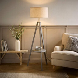 Valuelights Morrigan Linen Fabric Drum Lamp Shade Grey Wood Tripod Floor Lamp - thumbnail 1
