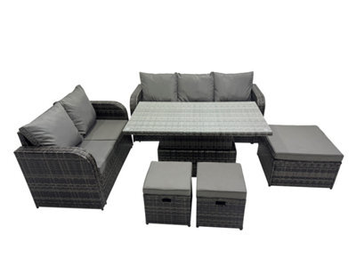 Fimous Rattan Garden Furniture Dining Set 8-Seater Patio Height Adjustable Rising Lifting Table Sofa Set With 3 Footstools - image 1