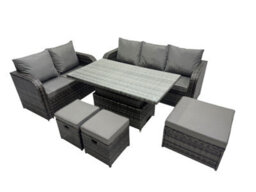 Fimous Rattan Garden Furniture Dining Set 8-Seater Patio Height Adjustable Rising Lifting Table Sofa Set With 3 Footstools - thumbnail 2