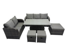 Fimous Rattan Garden Furniture Dining Set 8-Seater Patio Height Adjustable Rising Lifting Table Sofa Set With 3 Footstools - thumbnail 1
