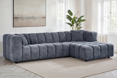 Large Tufted Chenille L Shaped Blue Corner Sofa Lugano With Right Hand Chaise - Room Delivery - image 1