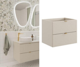 Impact Furniture Bathroom Vanity Unit 600mm Beige Wall Cabinet Floating 2 Drawer Cashmere Storage Dalia