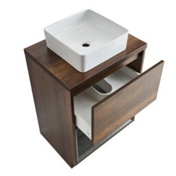 Homestylestore Dark Oak 600mm Bathroom Vanity Unit Open Shelf With Square Countertop Basin - thumbnail 2