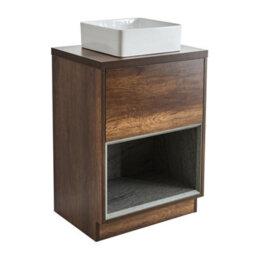 Homestylestore Dark Oak 600mm Bathroom Vanity Unit Open Shelf With Square Countertop Basin - thumbnail 1