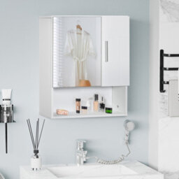 Kleankin Bathroom Mirror Cabinet Wall Mount Storage Organizer W/ Door, White - thumbnail 1
