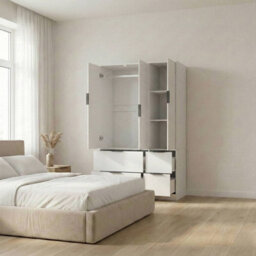 Urbn-Living Urbnliving 3 Door Wardrobe With 4 Drawers Wooden Bedroom Storage Cupboard With Hanging Rail For Clothes - White Unit & White Doo - thumbnail 3
