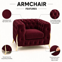 Stratus Interiors Italian Luxury Chesterfield Plush Velvet Sofa, Deep Button Tufted Living Room Statement Sofa With Gold Legs - Burgundy - Armchair - thumbnail 2