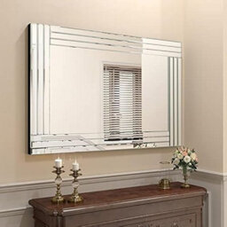 Biznest Large Wall Mirror Silver Bevelled Triple Strips Mdf Back Modern Glass Wall Mirror Home Decor Bedroom Living Room (60X90Cm)