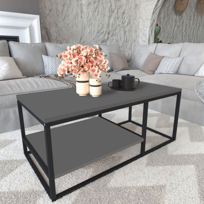 Urbn-Living Urbnliving 105Cm Width 2-Shelf Anthracite Wooden Rectangle Coffee & Side Table With Metal Frame Living Room Décor - image 1