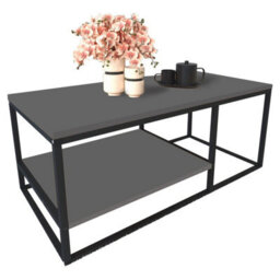 Urbn-Living Urbnliving 105Cm Width 2-Shelf Anthracite Wooden Rectangle Coffee & Side Table With Metal Frame Living Room Décor - thumbnail 2