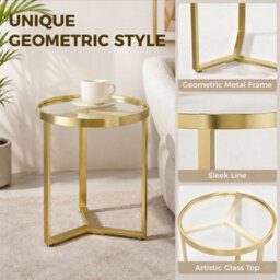 Homcom Round Side Table With Tempered Glass Top And Metal Frame, Gold Tone - thumbnail 4