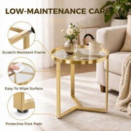 Homcom Round Side Table With Tempered Glass Top And Metal Frame, Gold Tone - thumbnail 7
