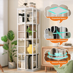 4-Tier Rotating Bookshelf Swivel Metal Bookcase Storage Shelf (W)40Cm (D)40Cm (H)137Cm, White - thumbnail 3