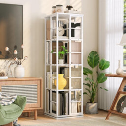 4-Tier Rotating Bookshelf Swivel Metal Bookcase Storage Shelf (W)40Cm (D)40Cm (H)137Cm, White