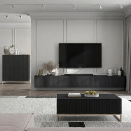 Heze Furniture Elpis Glamour Tv Cabinet Media Unit Extra Long 300 Cm Wall Mounted - Black Matt - thumbnail 2