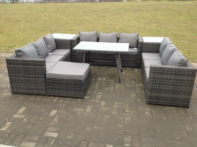 Fimous 10 Seater U Shape Rattan Sofa Set Outdoor Garden Furniture Patio Dining Table Dark Mixed Grey - image 1