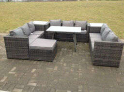 Fimous 10 Seater U Shape Rattan Sofa Set Outdoor Garden Furniture Patio Dining Table Dark Mixed Grey - thumbnail 1
