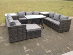 Fimous 10 Seater U Shape Rattan Sofa Set Outdoor Garden Furniture Patio Dining Table Dark Mixed Grey - thumbnail 2