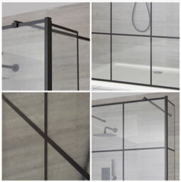 Homestylestore Black Grid Floating Glass Walk In Wet Room Shower Enclosure And White Tray 1400 X 800mm - thumbnail 2