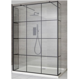 Homestylestore Black Grid Floating Glass Walk In Wet Room Shower Enclosure And White Tray 1400 X 800mm - thumbnail 1