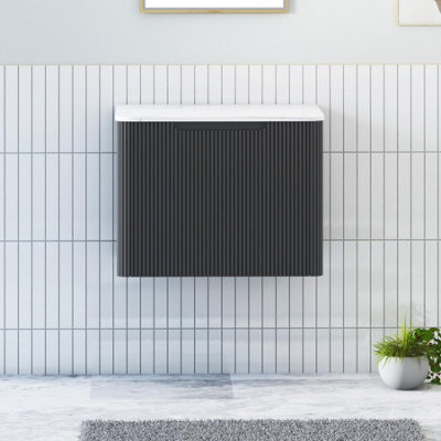 Royal Bathrooms Avenza 600mm Matt Obsidian Black Wall Hung Bathroom Vanity Unit 1 Drawer Carrara White Undrilled Worktop& No Basin - image 1