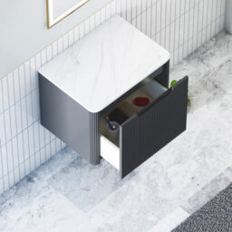 Royal Bathrooms Avenza 600mm Matt Obsidian Black Wall Hung Bathroom Vanity Unit 1 Drawer Carrara White Undrilled Worktop& No Basin - thumbnail 5