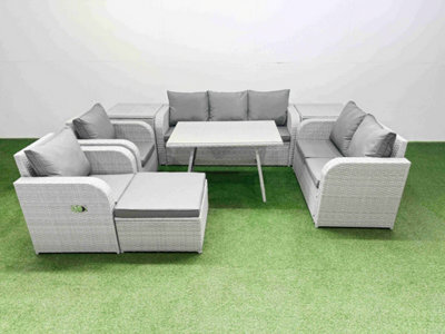 Fimous Pe Rattan Garden Furniture Set Outdoor Rectangular Dining Table Sofa Set With Reclining Chair Big Stool 2 Side Tables - image 1