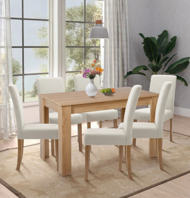 Hallowood Furniture Newquay Oak Fixed Top Table 120Cm With 6 Straight Back Beige Fabric Chairs - image 1