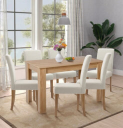 Hallowood Furniture Newquay Oak Fixed Top Table 120Cm With 6 Straight Back Beige Fabric Chairs