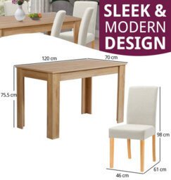Hallowood Furniture Newquay Oak Fixed Top Table 120Cm With 6 Straight Back Beige Fabric Chairs - thumbnail 3
