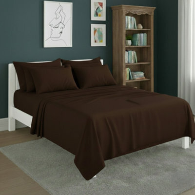 Plain Poly Cotton Easy Care Fitted Flat Sheet Matching Pillowcases Set Brown - image 1