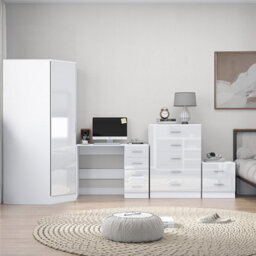 Reflect 1 Door Corner Wardrobe, 5 Drawer Chest, 2 Drawer Bedside & Desk - White Gloss & Matt White - Bedroom Furniture Set - thumbnail 3