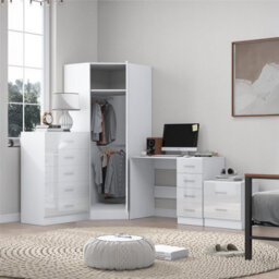 Reflect 1 Door Corner Wardrobe, 5 Drawer Chest, 2 Drawer Bedside & Desk - White Gloss & Matt White - Bedroom Furniture Set - thumbnail 2