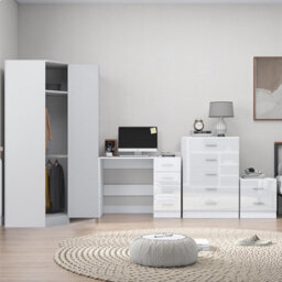 Reflect 1 Door Corner Wardrobe, 5 Drawer Chest, 2 Drawer Bedside & Desk - White Gloss & Matt White - Bedroom Furniture Set - thumbnail 4