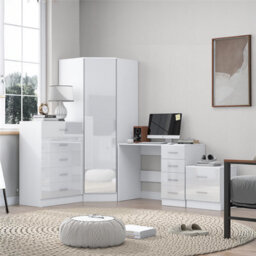 Reflect 1 Door Corner Wardrobe, 5 Drawer Chest, 2 Drawer Bedside & Desk - White Gloss & Matt White - Bedroom Furniture Set - thumbnail 1