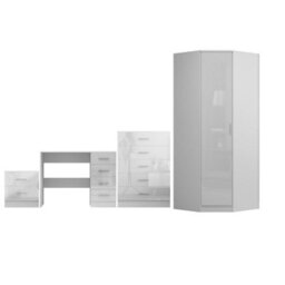Reflect 1 Door Corner Wardrobe, 5 Drawer Chest, 2 Drawer Bedside & Desk - White Gloss & Matt White - Bedroom Furniture Set - thumbnail 5