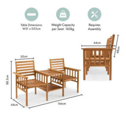 Wooden Garden Love Seat 2 Seater, Acacia Outdoor Jack & Jill Loveseat, Vonhaus - thumbnail 2