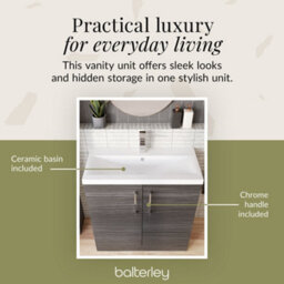 Balterley Contemporary Bathroom Floor Standing 2 Soft-Close Door Vanity Unit & Mid-Edge Ceramic Basin, Anthracite Woodgrain, 800mm - thumbnail 3