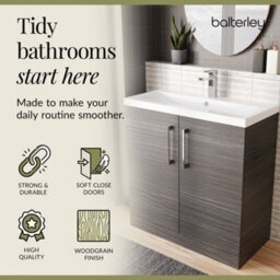 Balterley Contemporary Bathroom Floor Standing 2 Soft-Close Door Vanity Unit & Mid-Edge Ceramic Basin, Anthracite Woodgrain, 800mm - thumbnail 7