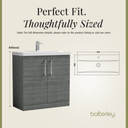 Balterley Contemporary Bathroom Floor Standing 2 Soft-Close Door Vanity Unit & Mid-Edge Ceramic Basin, Anthracite Woodgrain, 800mm - thumbnail 5