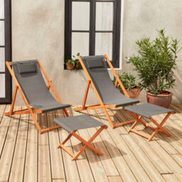 Sweeek. Pair Of Wooden Deckchairs And Footrests Creus With Footrests Anthracite 102X56X86 Cm - thumbnail 1